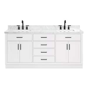 Hepburn 73 in. W x 22 in. D x 36 in. H Bath Vanity in White with White Carrara Marble Vanity Top with White Basins