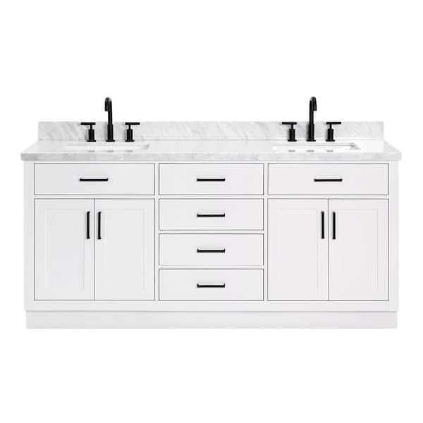 Hepburn 73 in. W x 22 in. D x 36 in. H Bath Vanity in White with White Carrara Marble Vanity Top with White Basins