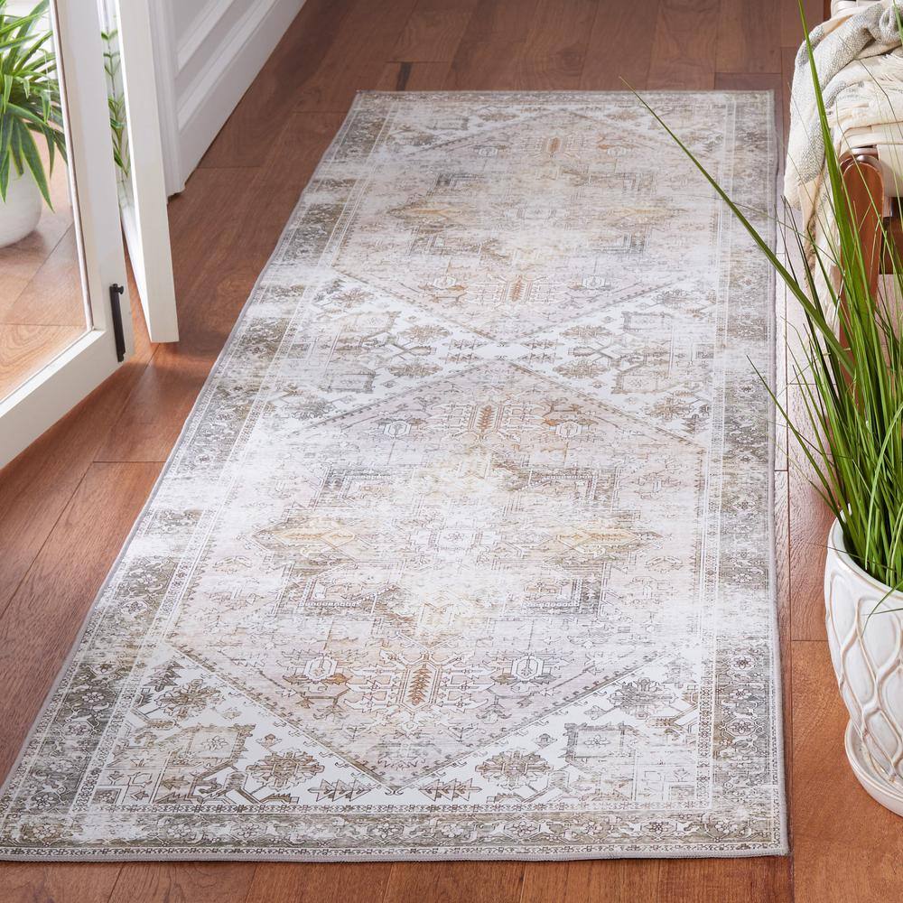 Beige and Grey Machine Washable Synthetic Runner Rug