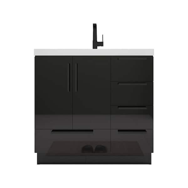 Carla 36 in. W x 20 in. D x 35 in. H Single Sink Freestanding Bath Vanity in Gloss Black with White Acrylic Top