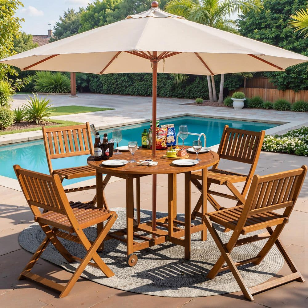 Tozey Light Brown 5-Piece Acacia Wood Dining Set, Folding Round