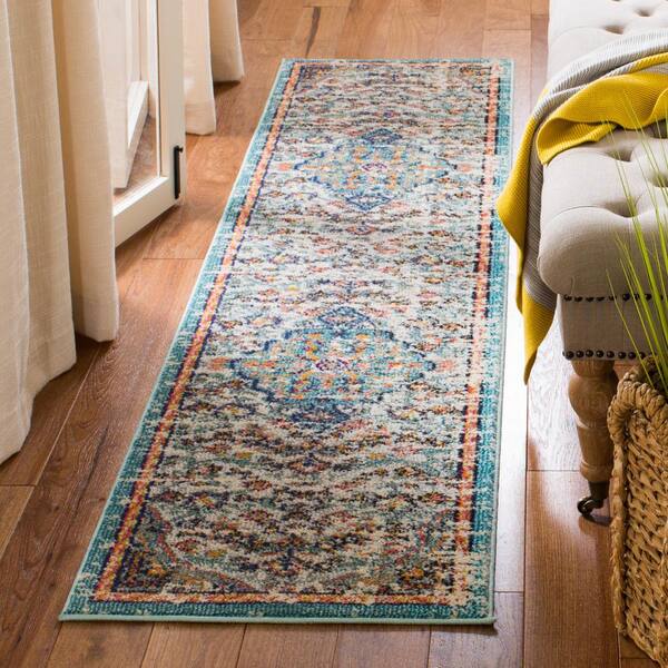 Madison Grey/Light Blue 2 ft. x 10 ft. Border Geometric Floral Medallion Runner Rug