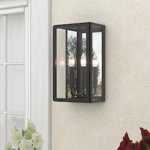 Decorators 14 in. Matte Black Dusk to Dawn 2-Light Outdoor Hardwired Wall Lantern Sconce with Plane Mirror