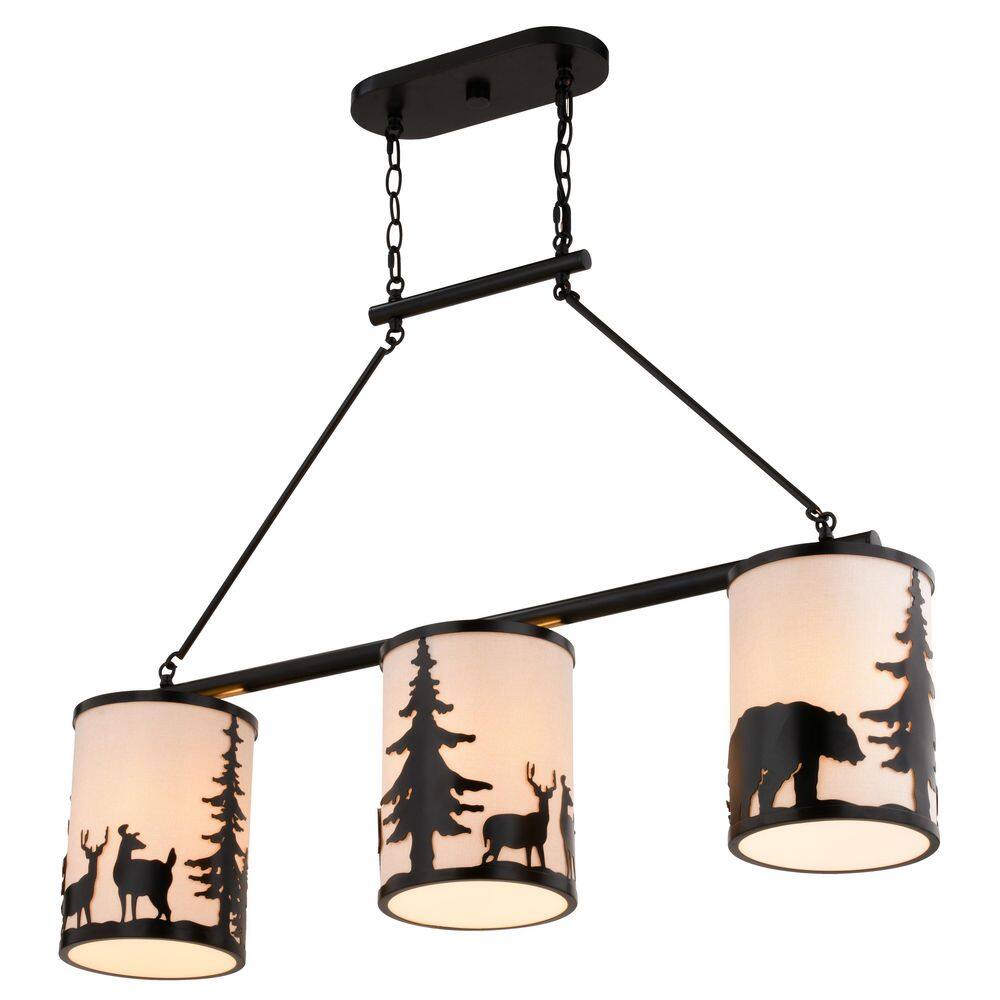 Acadia Bronze 3-Light Rustic Linear Chandelier with Linen Shades