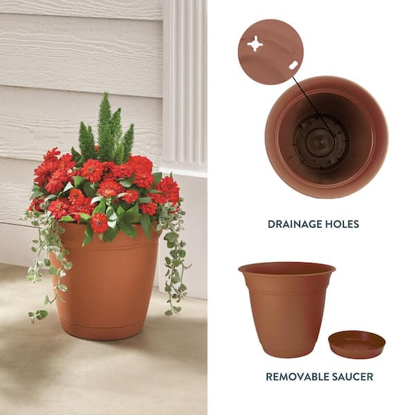 Vigoro Mirabelle Large Clay Plastic Planter with Drainage Hole and Attached  Saucer (16 in. L x 16 in. W x 14.5 in. H) ECA16000E22 - The Home Depot