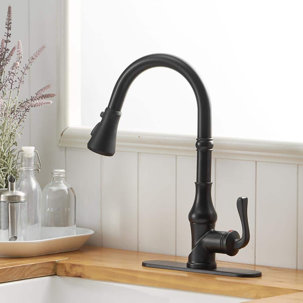 Matte Black Single-Handle Pull-Down Kitchen Faucet with Deck Plate