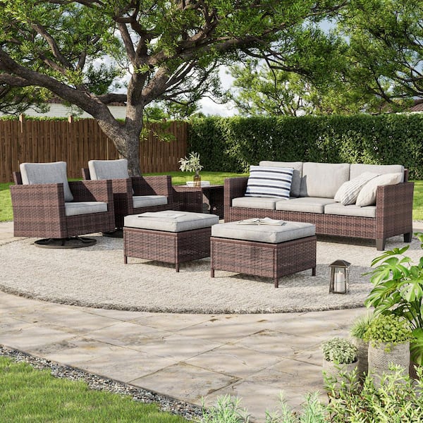 6-Piece Brown Wicker Outdoor Seating Sofa Set with Swivel Rocking Chairs, Linen Grey Cushion