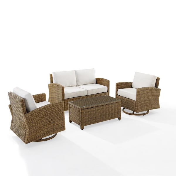 CROSLEY FURNITURE Bradenton Weathered Brown 4-Piece Wicker Patio Conversation Set with White Sunbrella Cushions