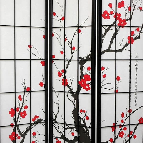 Oriental Furniture 6 ft. Black 4-Panel Room Divider BLOSSOM-BLK-4P