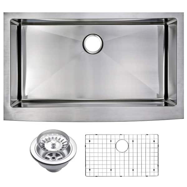 Water Creation Farmhouse Apron Front Stainless Steel 36 in. Single Bowl Kitchen Sink with Strainer and Grid in Satin