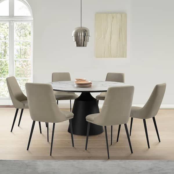 Armen Living Knox Genesis 7-Piece Round Stone Top Beige Dining Set