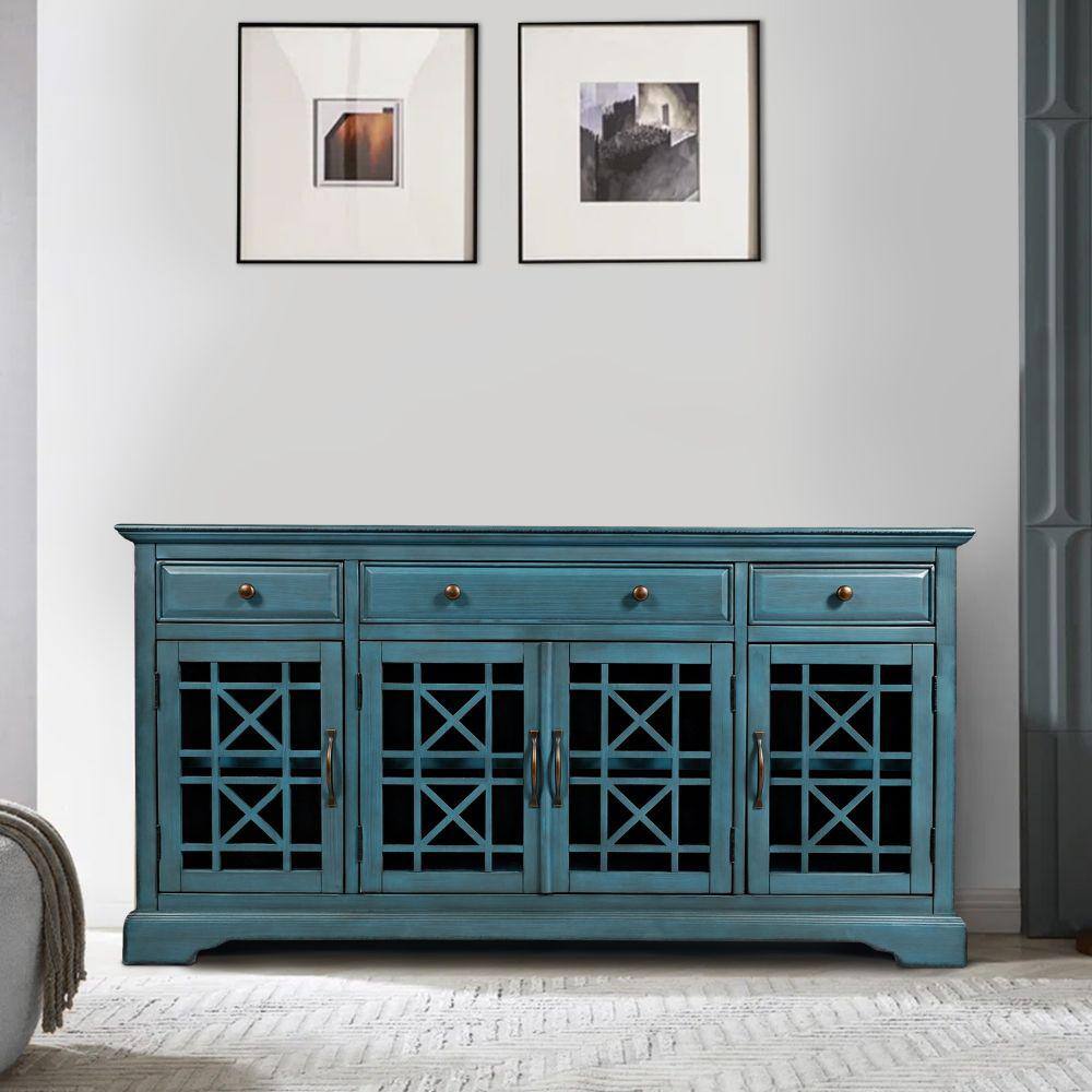 Antique Turquoise Acacia Wood TV Media Console with Glass Doors