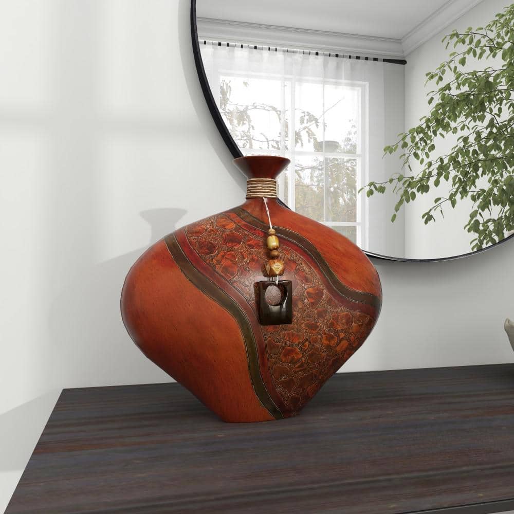 14" Cognac Brown Polystone Vase with Carved Abstract Designs