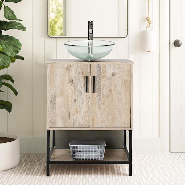 eclife 24 in. W x 20 in. D x 31.5 in. H Freestanding Bath Vanity in Oak with Clear Tempered Glass Sink Top and Drain Faucet Set