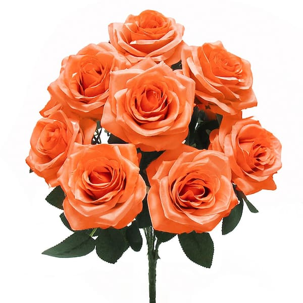 18 in. Deluxe Orange Artificial Queen Rose Flower Stem Bush Bouquet (Set of 2)
