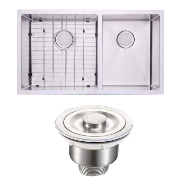 Handmade Satin 20-Gauge Stainless Steel 32.75 in. Double Bowl Undermount Workstation Kitchen Sink with Grid and Strainer