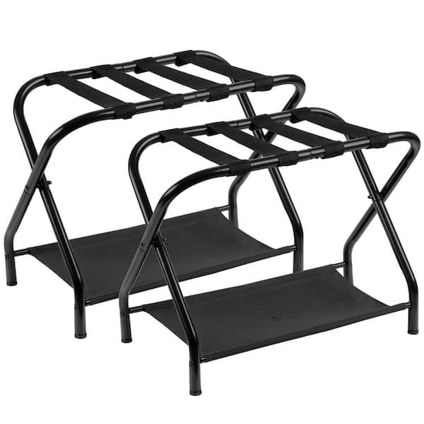 2 Pack Black Alloy Steel 26.2 in. x 14.4 in. x 20.5 in. Luggage Rack, Steel Folding Suitcase Stand with Storage Shelf