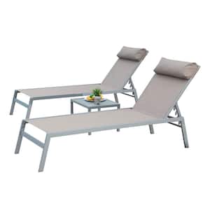3 Pieces Khaki Metal Outdoor Chaise Lounge, Aluminum Adjustable Pool Lounge Chairs Recliner with Headrest
