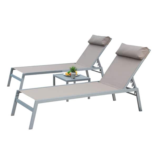 Otryad 3 Pieces Khaki Metal Outdoor Chaise Lounge, Aluminum Adjustable Pool Lounge Chairs Recliner with Headrest