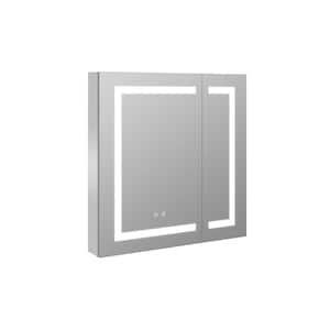 30 in. W x 30 in. H Square Silver Aluminum Recessed/Surface Mount Medicine Cabinet with Mirror and Double Door Open