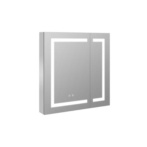 FORCLOVER 30 in. W x 30 in. H Square Silver Aluminum Recessed/Surface Mount Medicine Cabinet with Mirror and Double Door Open
