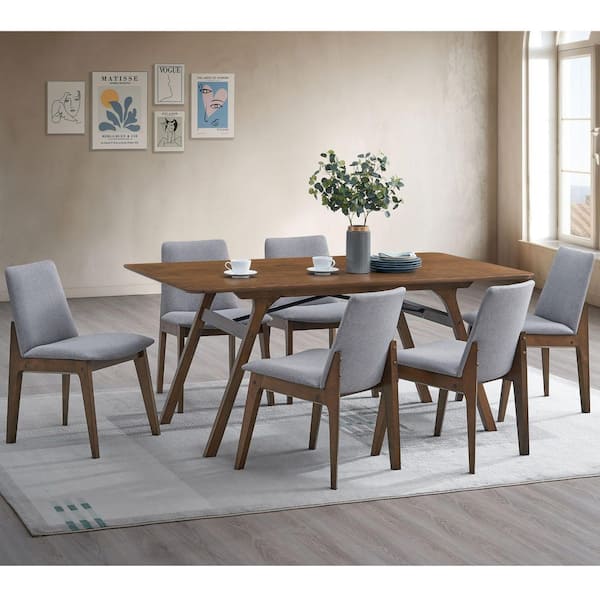 Novira Modern 7-Piece Walnut Finish Wood Rectangle Dining Table Set with Light Gray Fabric Upholstered Chairs