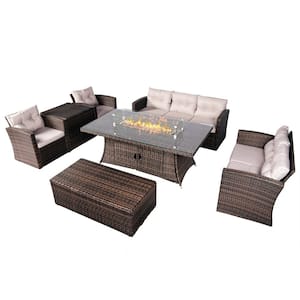 Amy 7-Piece Wicker Patio Fire Pit Conversation Sofa Set with Beige Cushions