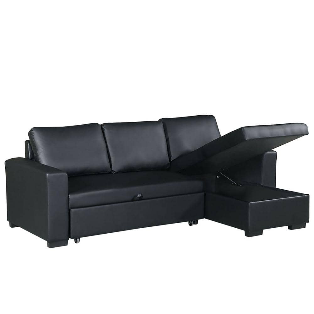 Worldwide Black Faux Leather Adjustable Sofa Sleeper with Revisable Storage Chaise VP