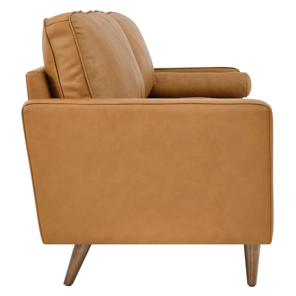 Tan Tufted Leather Sofa with Ottoman and Wood Legs
