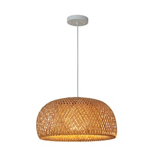 40-Watt 1-Light Natural Bamboo Shaded Pendant Light with Glass Shade, No Bulb Included