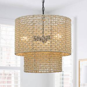 Bohe 19 in. 4-Light Bohemian Pendant with Natural Rattan Shade