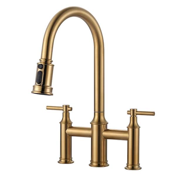 1 or 3 Holes Brass Double Handle Bridge Kitchen Faucet with 3-Mode Pull Down Sprayer and Supply Lines in Gold