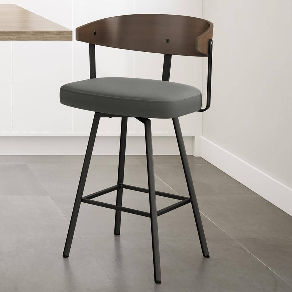 Charcoal Gray Swivel Bar Stool with Wooden Back