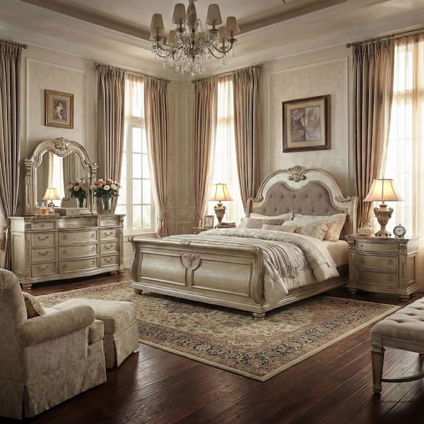 Rilon 5-Piece Gold Champagne Wood Queen Panel Bedroom Set with Genuine Marble Inset Tops