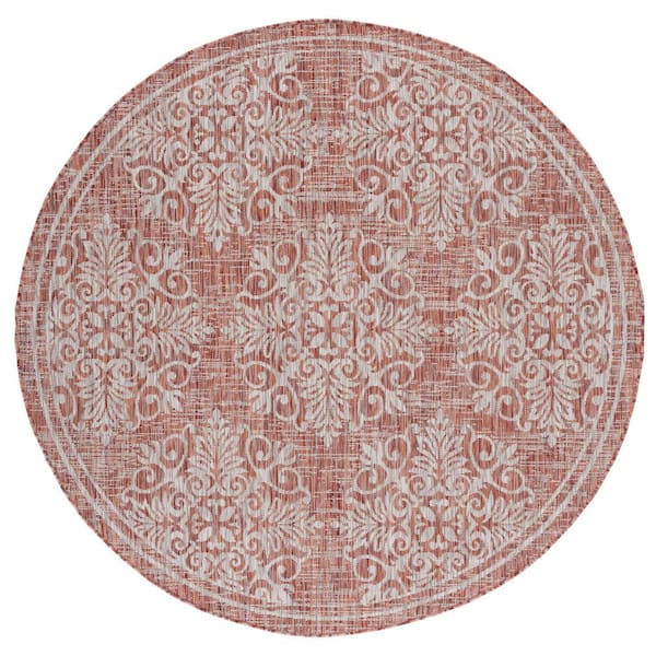 SAFAVIEH Courtyard Red/Ivory 7 ft. Round Distressed Border Floral Indoor/Outdoor Area Rug