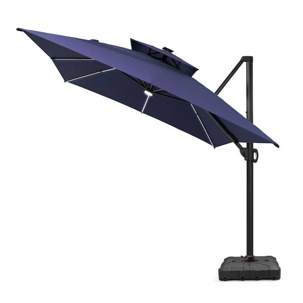 13 ft. x 10 ft. Solar LED Patio Umbrella Windproof 360° Swivel Offset Cantilever Umbrella with Base in Navy Blue