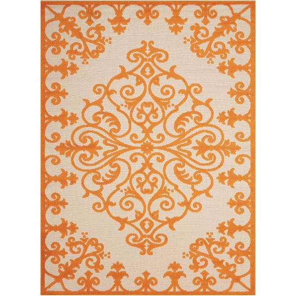 8' X 11' Orange And Ivory Damask Indoor Outdoor Area Rug 8' X 11' Orange And Ivory Damask Indoor Outdoor Area Rug