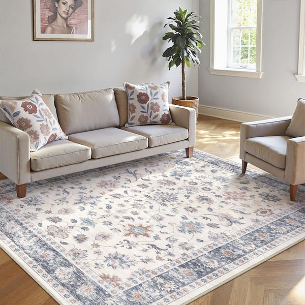 Mystery Garden Blue 5 ft. x 7 ft. Distressed Vintage Floral Washable Area Rug