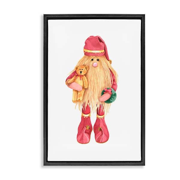 Santa's ELF with Teddy Bear by Nancy Overton 1-Piece Black Floater Frame Graphic Fantasy Art Print 25 in. x 17 in.