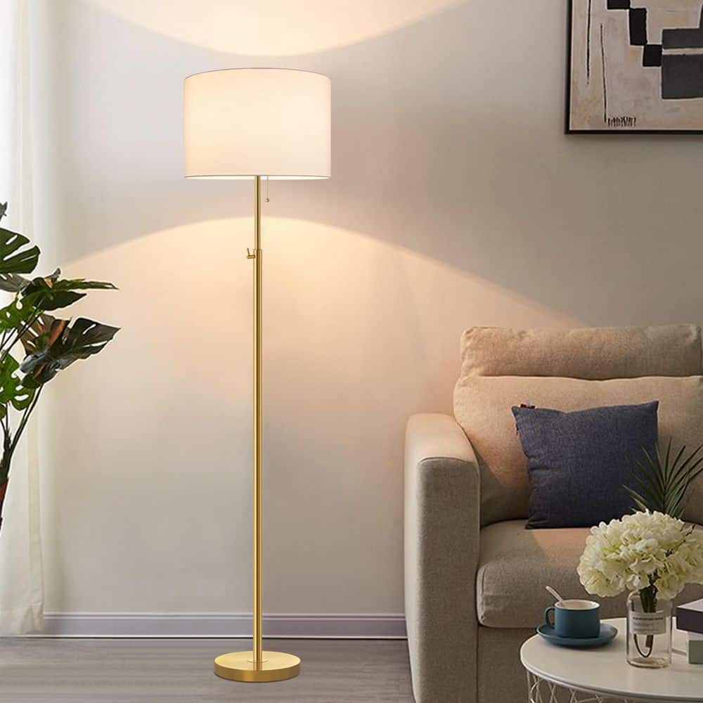 Antique Brass Adjustable Height Floor Lamp with White Shade