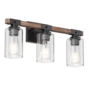 Farmhouse 20.47 in. Bathroom 3-Light Black Vanity Light Industrial Wall Sconces Over Mirror with Seeded Glass Shade