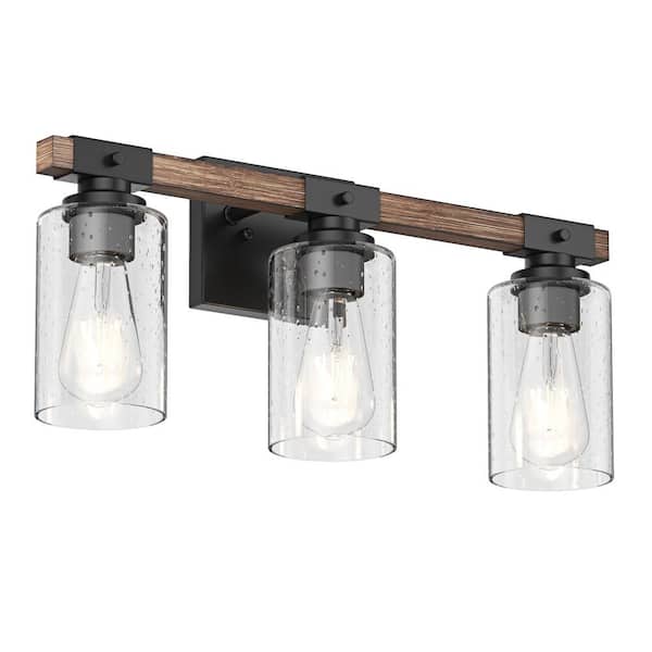 aiwen Farmhouse 20.47 in. Bathroom 3-Light Black Vanity Light Industrial Wall Sconces Over Mirror with Seeded Glass Shade