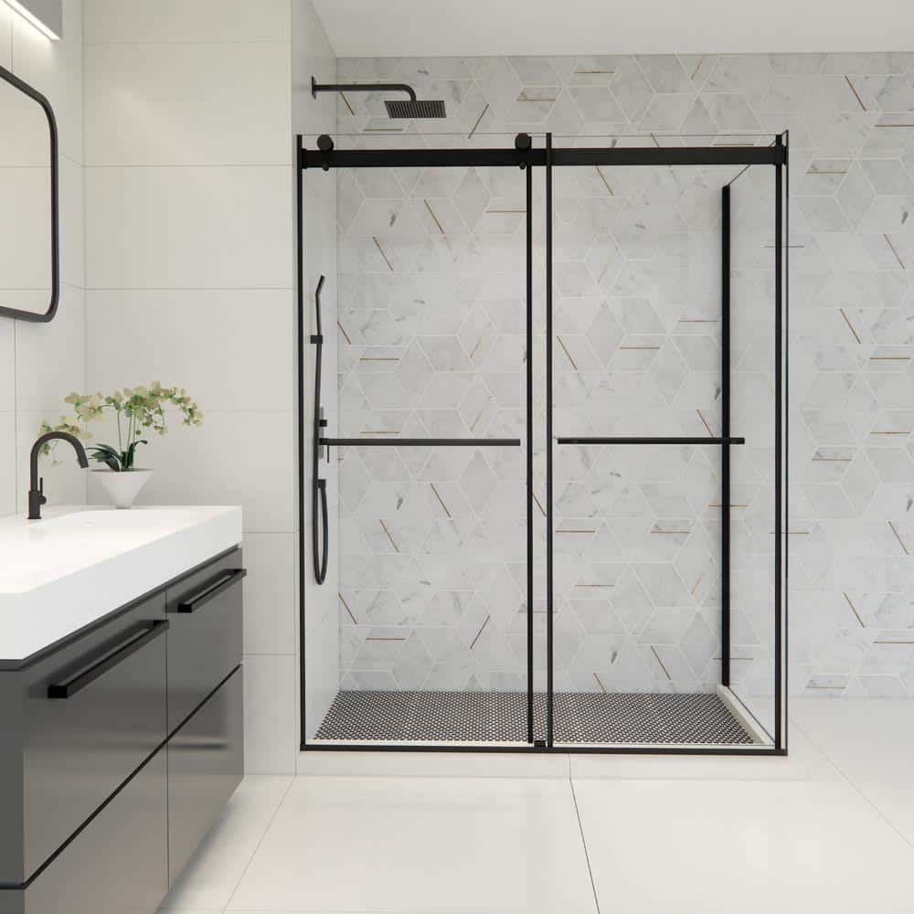 Belizzi 60" Matte Black Frameless Sliding Shower Enclosure
