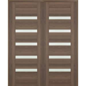 Vona 07-04 60 in. x 84 in. Both Active 5-Lite Frosted Glass Pecan Nutwood Wood Composite Double Prehung Interior Door