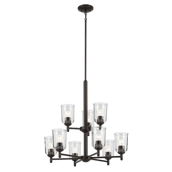KICHLER Shailene 26.5 in. 9-Light Olde Bronze 2-Tier Traditional Clear Glass Shaded Bell Chandelier for Dining Room