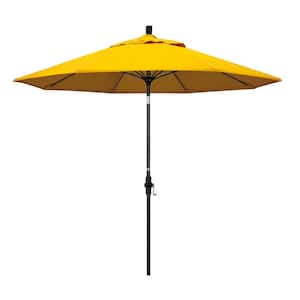 9 ft. Matted Black Aluminum Market Patio Umbrella with Collar Tilt Crank Lift in Sunflower Yellow Sunbrella