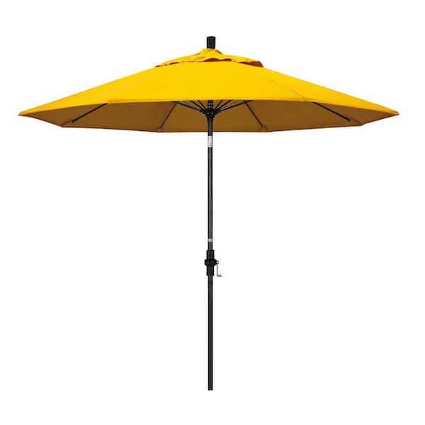 California Umbrella 9 ft. Matted Black Aluminum Market Patio Umbrella with Collar Tilt Crank Lift in Sunflower Yellow Sunbrella