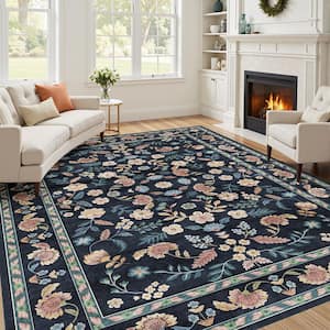 Blossom Navy Blue 8 ft. x 10 ft. Floral Washable Area Rug