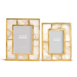 2-Sizes: 4 in. x 6 in. and 5 in. x 7 in. White with Gold Brass Trim in Gift Box Quartz Picture Frames (Set of 2)