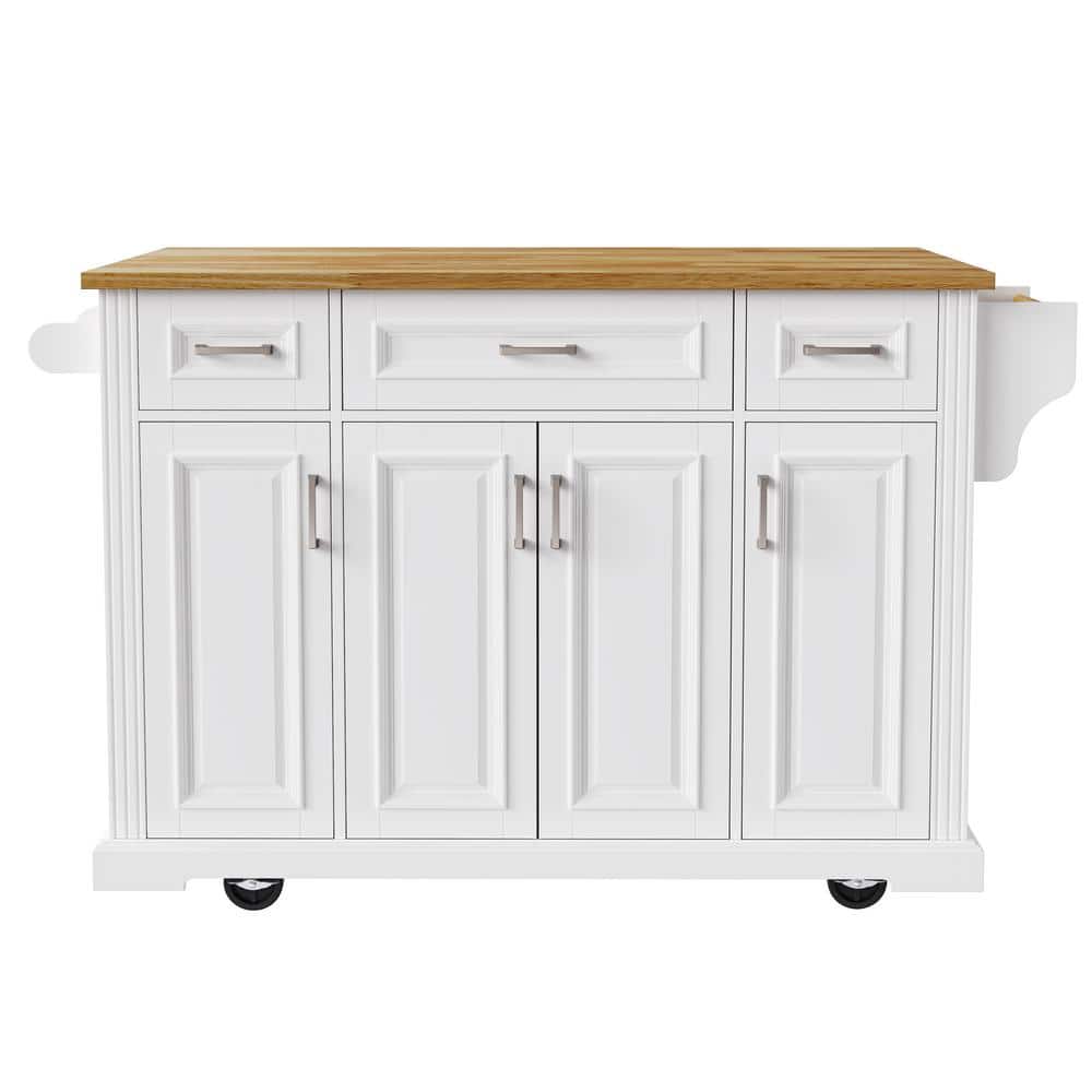 White Rubber Wood Tabletop 54 in. Kitchen Island on 4 Wheels with Drop Leaf